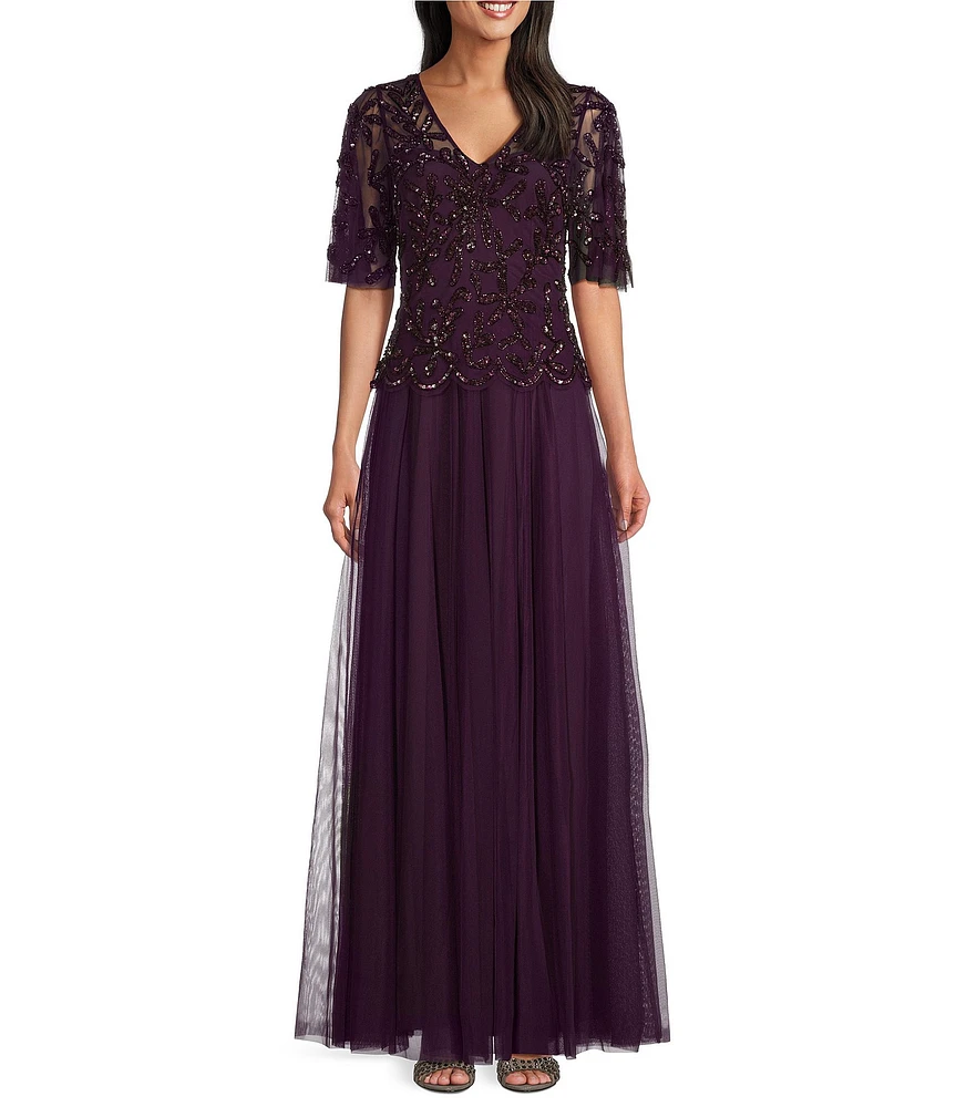 Alex Evenings Hand Beaded Mock Chiffon V-Neck Illusion Flutter Sleeve A-Line Dress