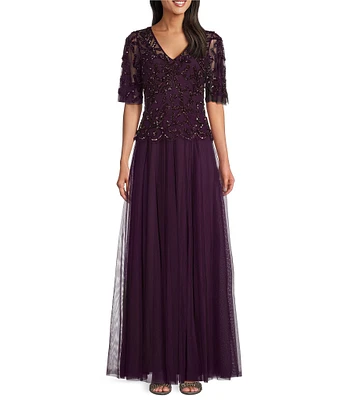 Alex Evenings Hand Beaded Mock Chiffon V-Neck Illusion Flutter Sleeve A-Line Dress