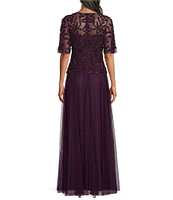 Alex Evenings Hand Beaded Mock Chiffon V-Neck Illusion Flutter Sleeve A-Line Dress