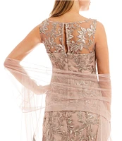 Alex Evenings Illusion Round Neck Sleeveless Embroidered Lace Shawl A-Line Dress
