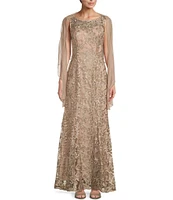Alex Evenings Illusion Round Neck Sleeveless Embroidered Lace Shawl A-Line Dress