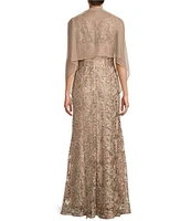 Alex Evenings Illusion Round Neck Sleeveless Embroidered Lace Shawl A-Line Dress