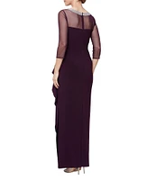 Alex Evenings Illusion Mesh 3/4 Sleeve Round Neck Side Slit Ruched Gown