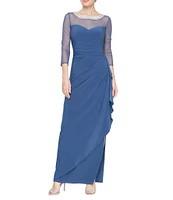 Alex Evenings Illusion Mesh 3/4 Sleeve Round Neck Side Slit Ruched Gown