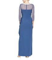 Alex Evenings Illusion Mesh 3/4 Sleeve Round Neck Side Slit Ruched Gown