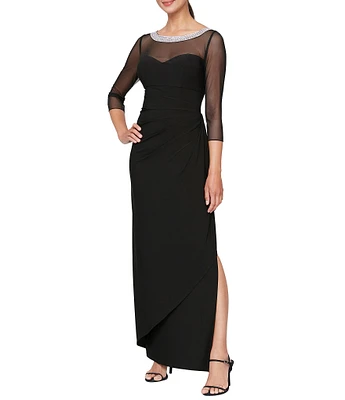 Alex Evenings Illusion Mesh 3/4 Sleeve Round Neck Side Slit Ruched Gown