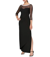 Alex Evenings Illusion Mesh 3/4 Sleeve Round Neck Side Slit Ruched Gown