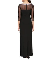 Alex Evenings Illusion Mesh 3/4 Sleeve Round Neck Side Slit Ruched Gown