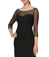 Alex Evenings Illusion Mesh 3/4 Sleeve Round Neck Side Slit Ruched Gown