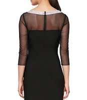 Alex Evenings Illusion Mesh 3/4 Sleeve Round Neck Side Slit Ruched Gown