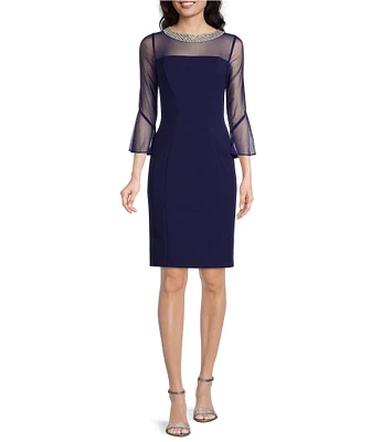 Alex Evenings Illusion 3/4 Mesh Bell Sleeve Boat Neck Crepe Sheath Dress