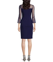 Alex Evenings Illusion 3/4 Mesh Bell Sleeve Boat Neck Crepe Sheath Dress