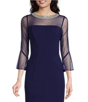 Alex Evenings Illusion 3/4 Mesh Bell Sleeve Boat Neck Crepe Sheath Dress