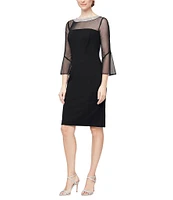 Alex Evenings Illusion 3/4 Mesh Bell Sleeve Boat Neck Crepe Sheath Dress