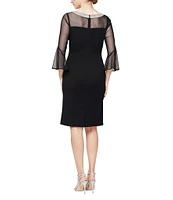 Alex Evenings Illusion 3/4 Mesh Bell Sleeve Boat Neck Crepe Sheath Dress