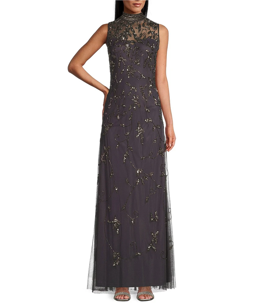 Alex Evenings Illusion Mock Neck Sleeveless Hand Beaded Sheath Gown