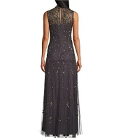 Alex Evenings Illusion Mock Neck Sleeveless Hand Beaded Sheath Gown