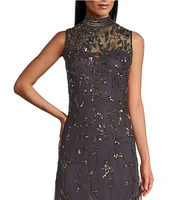 Alex Evenings Illusion Mock Neck Sleeveless Hand Beaded Sheath Gown