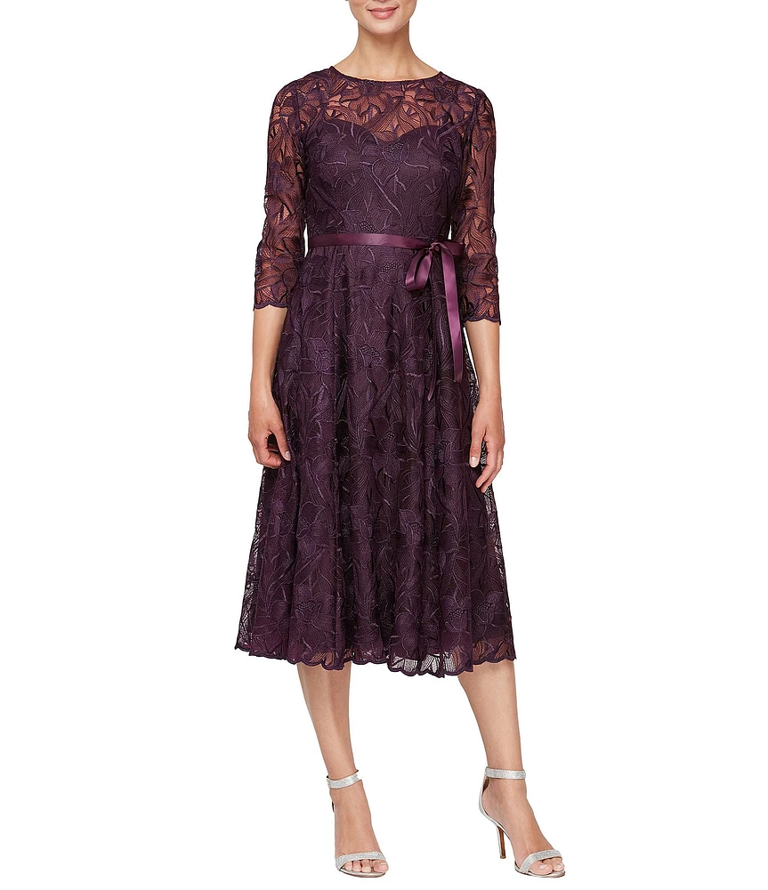 Alex Evenings Illusion Round Neck Ribbon Tie 3/4 Sleeve Embroidered Floral Lace Midi Dress