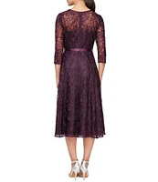 Alex Evenings Illusion Round Neck Ribbon Tie 3/4 Sleeve Embroidered Floral Lace Midi Dress