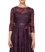 Alex Evenings Illusion Round Neck Ribbon Tie 3/4 Sleeve Embroidered Floral Lace Midi Dress