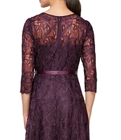 Alex Evenings Illusion Round Neck Ribbon Tie 3/4 Sleeve Embroidered Floral Lace Midi Dress