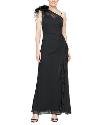 Alex Evenings Illusion One Shoulder Feather Detail Sleeveless Cascade Ruffle Sheath Dress