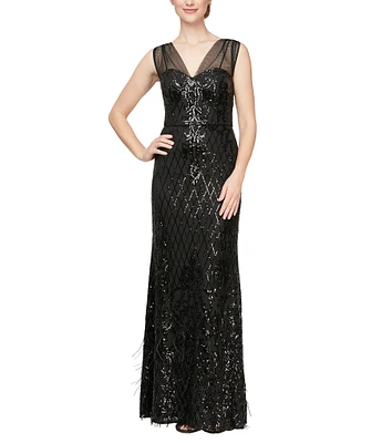 Alex Evenings Illusion V-Neck Sleeveless Sequin Pattern Feather Detail Sheath Dress