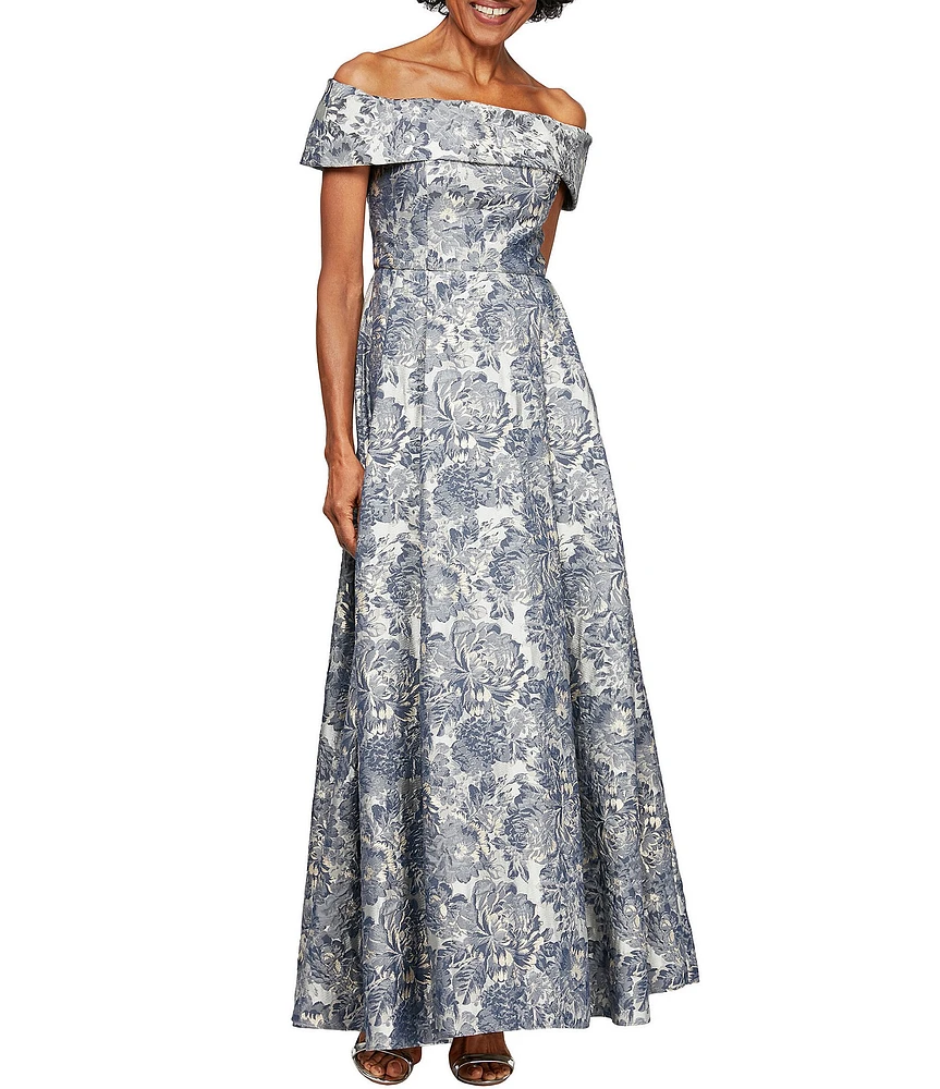 Alex Evenings Jacquard Short Sleeve Off-the-Shoulder Floral Pocketed Gown