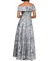 Alex Evenings Jacquard Short Sleeve Off-the-Shoulder Floral Pocketed Gown