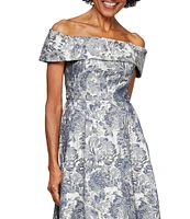 Alex Evenings Jacquard Short Sleeve Off-the-Shoulder Floral Pocketed Gown