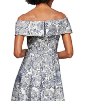 Alex Evenings Jacquard Short Sleeve Off-the-Shoulder Floral Pocketed Gown