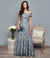 Alex Evenings Jacquard Short Sleeve Off-the-Shoulder Floral Pocketed Gown