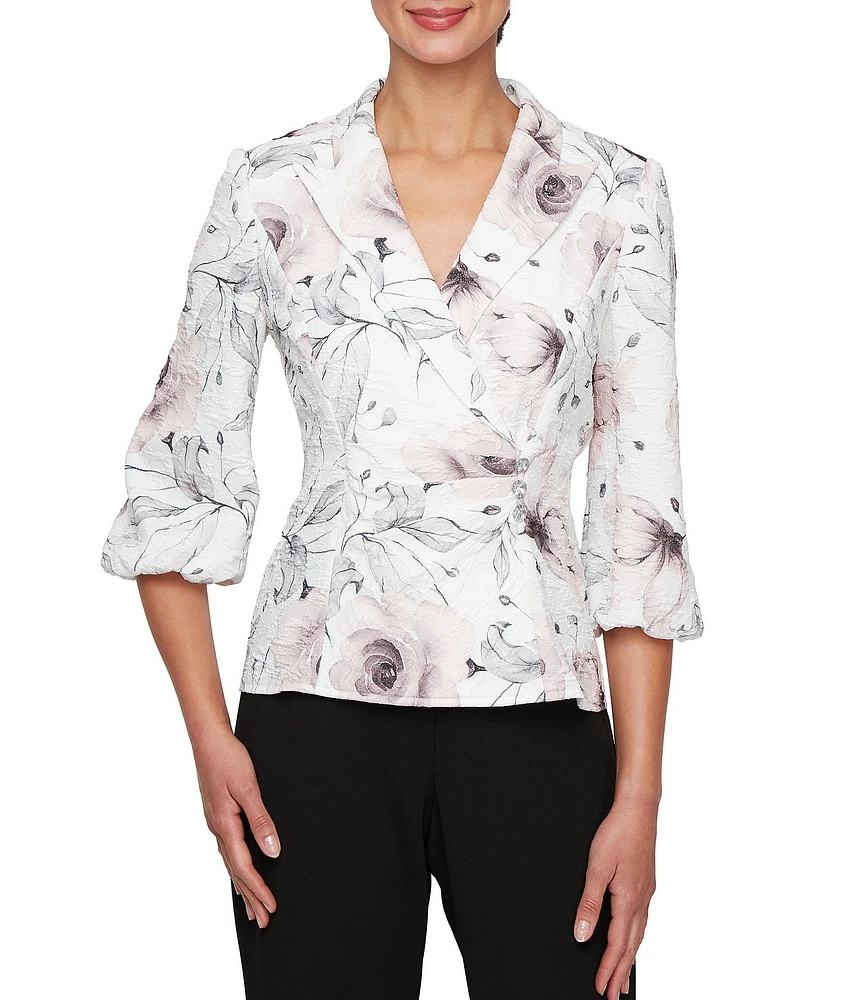 Alex Evenings Jacquard Collared V-Neck 3/4 Bubble Hem Sleeve Floral Blouse