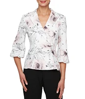 Alex Evenings Jacquard Collared V-Neck 3/4 Bubble Hem Sleeve Floral Blouse