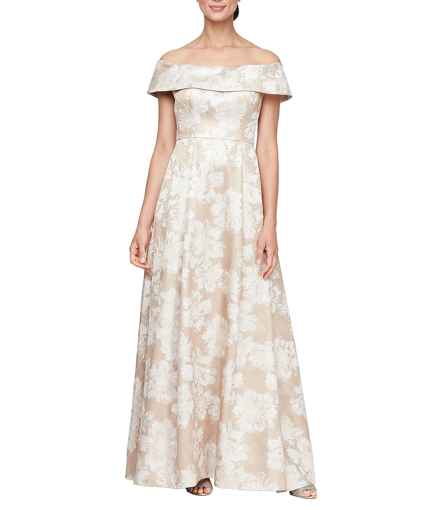 Alex Evenings Jacquard Off the Shoulder Short Sleeve Ball Gown