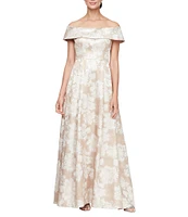 Alex Evenings Jacquard Off the Shoulder Short Sleeve Ball Gown