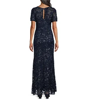 Alex Evenings Lace Embroidered V-Neck Illusion Elbow Length Sleeve Sheath Dress