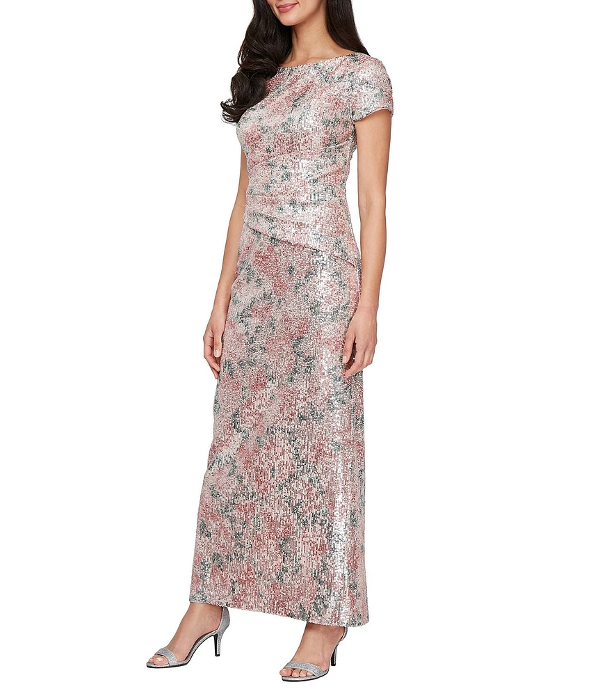 Alex Evenings Long Floral Print Sequin Gown