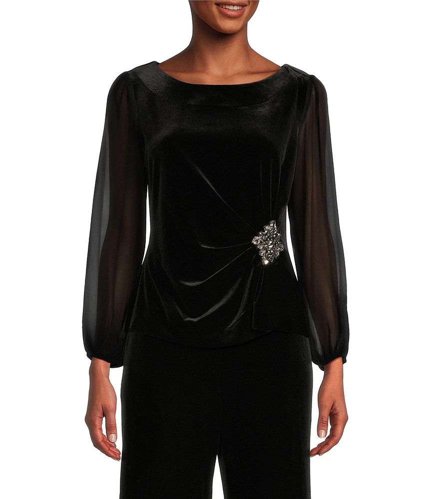 Alex Evenings Long Illusion Sleeve Scoop Neck Embellished Waist Stretch Velvet Blouse