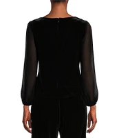 Alex Evenings Long Illusion Sleeve Scoop Neck Embellished Waist Stretch Velvet Blouse