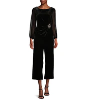 Alex Evenings Long Illusion Sleeve Scoop Neck Embellished Waist Stretch Velvet Blouse