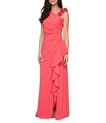 Alex Evenings Long Stretch Crepe Flower Strap Dress