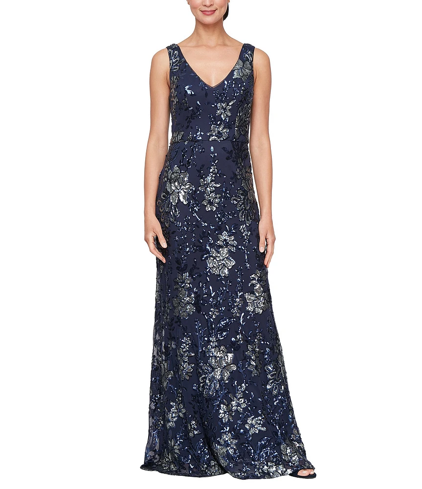 Alex Evenings Long V-Neck Sequin Sheath Dress
