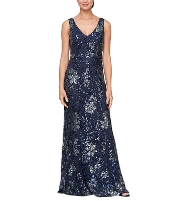 Alex Evenings Long V-Neck Sequin Sheath Dress