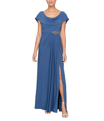 Alex Evenings Matte Jersey Cowl Neck Drape Back Detail Short Sleeve Side Embellishment Pleated Thigh High Slit Long Gown