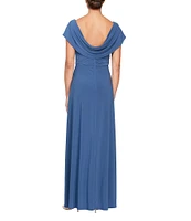 Alex Evenings Matte Jersey Cowl Neck Drape Back Detail Short Sleeve Side Embellishment Pleated Thigh High Slit Long Gown