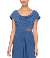 Alex Evenings Matte Jersey Cowl Neck Drape Back Detail Short Sleeve Side Embellishment Pleated Thigh High Slit Long Gown
