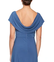 Alex Evenings Matte Jersey Cowl Neck Drape Back Detail Short Sleeve Side Embellishment Pleated Thigh High Slit Long Gown