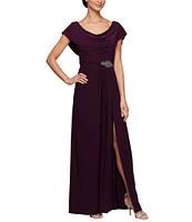 Alex Evenings Matte Jersey Cowl Neck Drape Back Detail Short Sleeve Side Embellishment Pleated Thigh High Slit Long Gown